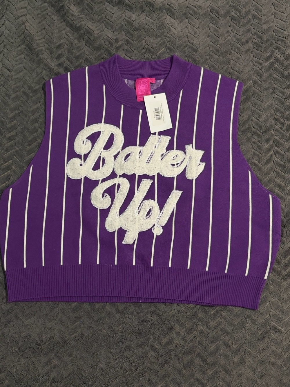 QUEEN OF SPARKLES Purple Pinstripe Knit Tank with White "Batter Up!" Applique
